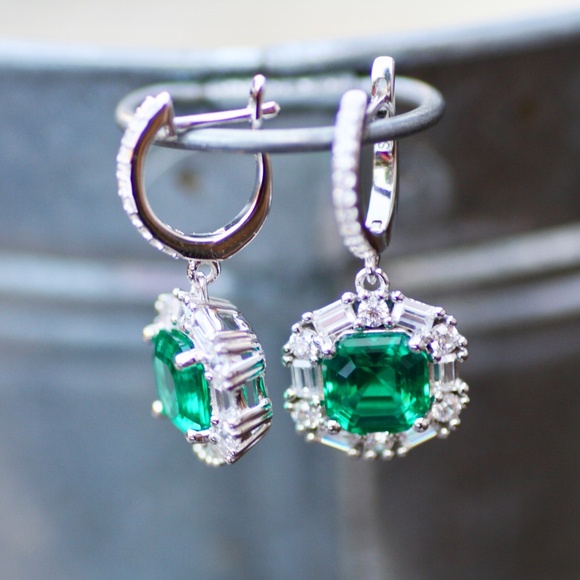 Emerald Earrings Solid Sterling Silver 925 , May Birthstone , 20th anniversary - Picture 8 of 10